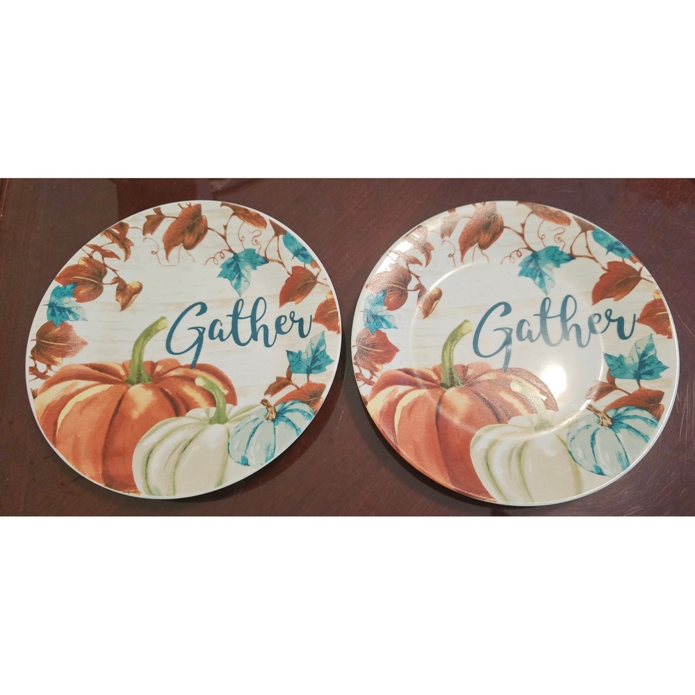 Royal Norfolk Fall Pumpkin Gather Plates Set of 2 Thanksgiving Stoneware Teal